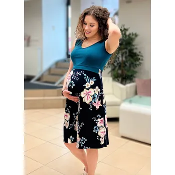 Těhotenské šaty Mama L'amour Letní těhotenské a kojící šaty 3v1 Flores smaragdovo modré s květy Velikost: M