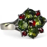 RSG LIDIA, stříbrný prsten s vltavínem a granátem, Ag 925