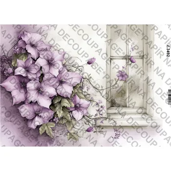 Umělecký papír Rýžový a soft papír na decoupage - Fialové květiny a zákoutí - KB03492 Materiál: Soft, Rozměr: A4