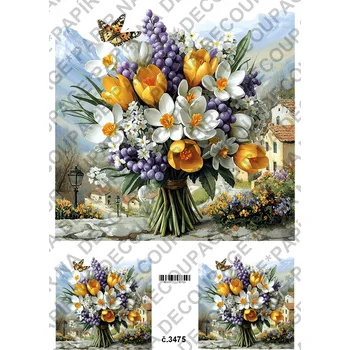 Umělecký papír Rýžový a soft papír na decoupage - Kytice jarní s pozadím - KB03475 Materiál: Soft, Rozměr: A4