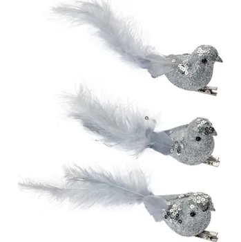 Vánoční ozdoba Stříbrná dekorace na klipse ptáčci s peříčky (sada 3) – 12x3x4 cm