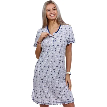 Dámská noční košile Šedá noční košile na kojení do porodnice s knoflíky, vzor modrý i bílý motýlci 1C3537 šedá xl