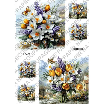 Umělecký papír Rýžový a soft papír na decoupage - Kytice jarní s pozadím - KB03476 Materiál: Soft, Rozměr: A4