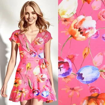 Viskózový úplet v růžové barvě s digitálním potiskem květin S1925L-1123