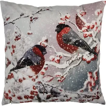 Dekorativní polštářek Modro-červený zimní povlak na polštář s párečkem ptáčků a jeřabinami – 45x45 cm