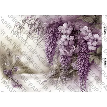 Umělecký papír Rýžový a soft papír na decoupage - Fialové květiny a zákoutí - KB03493 Materiál: Soft, Rozměr: A4