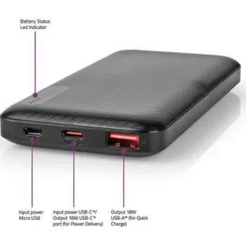 Powerbanka Nedis UPBKPD10000BK - Powerbanka | 10000 mAh | Výstup 1x USB-A / 1x USB-C™ | Vstup 1x Micro USB / 1x USB-C™ | PD2.0 18W