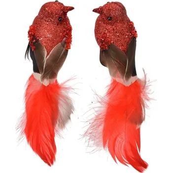 Vánoční ozdoba Červená dekorace na klipse ptáčci s peříčky (sada 2) – 16x5x5 cm