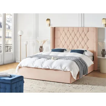 Postel Postel s úložným prostorem béžová 140 x 200 cm samet čalouněná manželská postel ložnice Beliani