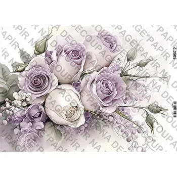 Umělecký papír Rýžový a soft papír na decoupage - Fialové květiny a zákoutí - KB03509 Materiál: Soft, Rozměr: A4