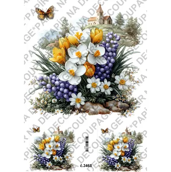 Umělecký papír Rýžový a soft papír na decoupage - Kytice jarní s pozadím - KB03468 Materiál: Soft, Rozměr: A4