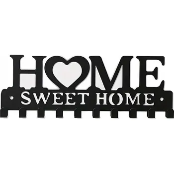 Věšák Kovový Věšák Na Klíče a Oblečení s Motivem Home, 10 Háčků, Černý Mat