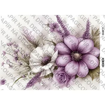Umělecký papír Rýžový a soft papír na decoupage - Fialové květiny a zákoutí - KB03515 Materiál: Soft, Rozměr: A4
