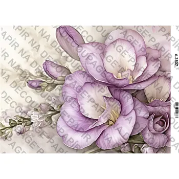 Umělecký papír Rýžový a soft papír na decoupage - Fialové květiny a zákoutí - KB03507 Materiál: Soft, Rozměr: A4