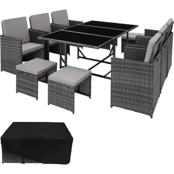 Zahradní sestava TecTake GmbH 403867 zahradní ratanový nábytek malaga 6+4+1 vč. ochranné plachty - šedá