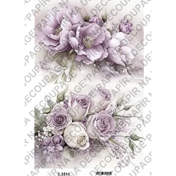 Umělecký papír Rýžový a soft papír na decoupage - Fialové květiny a zákoutí - KB03511 Materiál: Soft, Rozměr: A4