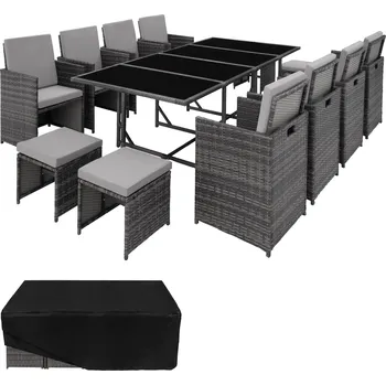 Zahradní sestava TecTake GmbH 404394 zahradní ratanový nábytek palma 8+4+1 vč. ochranné plachty - šedá/světle šedá