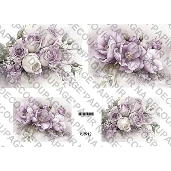 Umělecký papír Rýžový a soft papír na decoupage - Fialové květiny a zákoutí - KB03512 Materiál: Soft, Rozměr: A4