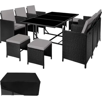 Zahradní nábytek TecTake GmbH 404319 zahradní ratanový nábytek malaga 6+4+1 vč. ochranné plachty - černá/šedá