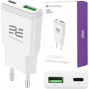 Rychlá GaN nabíječka duální QC PD USB-C USBA tenká Encore Energy SLIM 20W