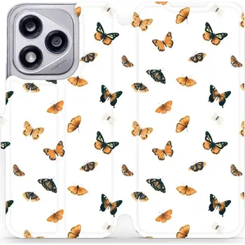 Pouzdro na mobilní telefon Flipové pouzdro Mobiwear - Honor 400 Lite 5G - VP77S Oranžoví motýlci (Knížkové flip pouzdro, obal, kryt na mobil Honor 400 Lite 5G - VP77S Oranžoví motýlci, materiál Umělá kůže + TPU - ochrana 360°, stojánek, silikonová vanička, magnetické zavírání)