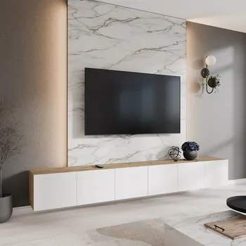 Televizní stolek Moderní LIO závěsný TV stolek 300 cm - dub artisan/bílý mat