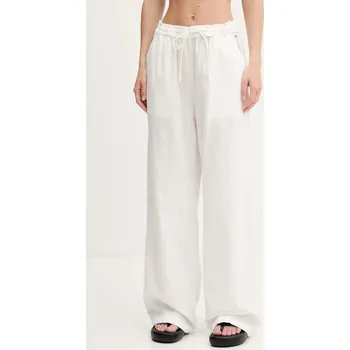 Dámské kalhoty Kalhoty s příměsí lnu Tommy Jeans béžová barva, high waist, DW0DW20352 01X, vel. XS