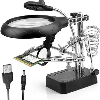 Páječka Třetí ruka pro pájení s LED světlem a dvěma lupami Nastavitelný stojan s držákem na páječku a USB napájením Ohebná ramena
