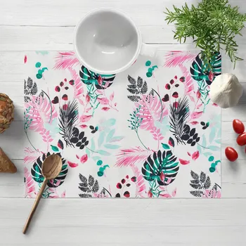 prostírání Bavlněné prostírání na stůl Sandra SA-413 Růžové a zelené tropické listy na bílém 30x40 cm