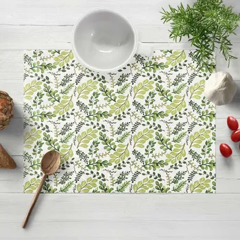 prostírání Bavlněné prostírání na stůl Sandra SA-426 Zelené větvičky s lístky na bílém 30x40 cm