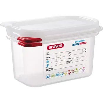 Dóza na potraviny ARAVEN Gastronádoba s víkem GN 1/9, PP, Hloubka: 100 mm, Objem: 1 L, hermetická