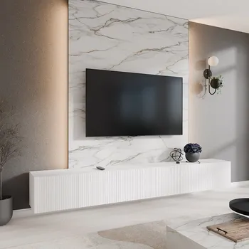 Televizní stolek Závěsný TV stolek s frézováním NOE 300 cm - bílý mat