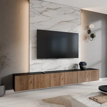 Televizní stolek Závěsná televizní skříňka NOE 300 cm - černý mat/dub catania