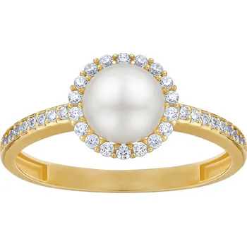 Šperk Zlatý prsten Kehlani ze žlutého zlata s přírodní bílou perlou a Brilliance Zirconia obvod 59 mm