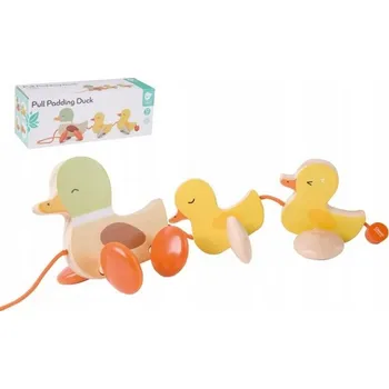 Hračka pro nejmenší Medvídek s káčátkem tahající dřevěný vozík s kachničkami