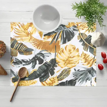 prostírání Bavlněné prostírání na stůl Sandra SA-388 Šedozelené a zlaté tropické listy na bílém 35x45 cm