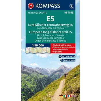 KOMPASS Wander-Tourenkarte Europäischer Fernwanderweg E5 Alpenüberquerung vom Bodensee bis Verona 1:50.000