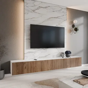 Televizní stolek Frézovaný závěsný TV stolek NOE 300 cm - bilý mat/dub catania