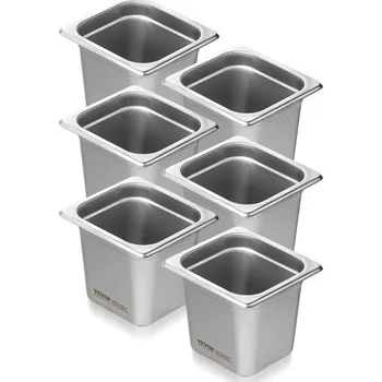 VEVOR Balení 6 hotelových pánví, velikost 1/6, napařovací pánev s ochranou proti zasekávání, nerezová ocel o tloušťce 0,8 mm, restaurační napařovací pánev, komerční stolní pánev s hloubkou 6 palců, pánev na skladování potravin pro catering, pro…