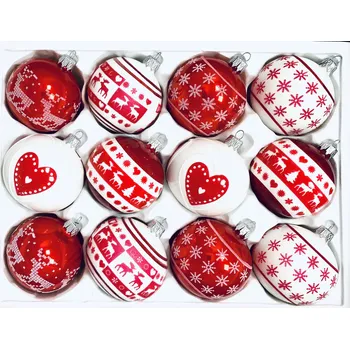 Vánoční ozdoba IRISA Skleněná ozdoba SADA Notodden 7 cm, balení 12 ks červená, bílá Velikost: 7 cm, Balení: 12ks, Barva: bílá;červená