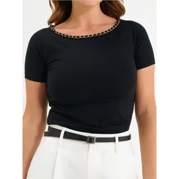 Dámské tričko Sinsay - Bavlněná halenka s ozdobným výstřihem - černá - 356EV-99X - 356EV-99X-XS