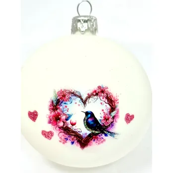 Vánoční ozdoba Irisa Skleněná vánoční koule 8 cm s ptáčkem a srdcem v dárkové krabičce 8 cm bílá