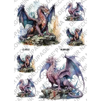 Umělecký papír Rýžový a soft papír na decoupage - Draci- KB03532 Materiál: Rýžový papír, Rozměr: A4
