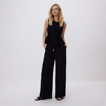 Dámské kalhoty Reserved - Strukturované kalhoty s vázáním - černý - YH566-99X - YH566-99X-XXL