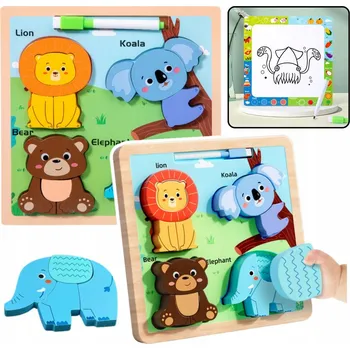 Dřevěná hračka Dřevěná vzdělávací tabulka 2v1 Puzzle Divoká zvířata + Fix