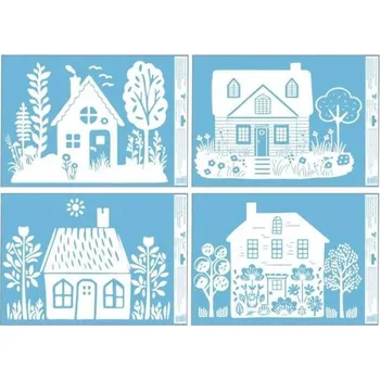 Okenní dekorace Okenní fólie bílé domečky se zahrádkou 30 x 50 cm