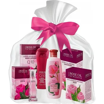 Dárkový potravinový koš Regina Roses - Dárkový balíček s luxusním parfémem Rose oil of Bulgaria