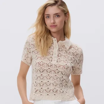 Reserved - Ažurové polo tričko - béžová - WU854-08X - WU854-08X-L