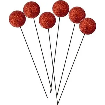 Vánoční dekorace Kuličky na drátku červené s glitrem 1,5 cm, 12 ks