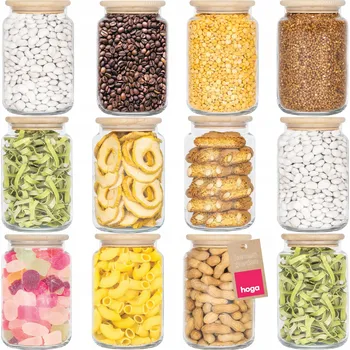 Dóza na potraviny Nádoby na potraviny sypké, skleněné s dřevěným víkem 880ml 12 Ks